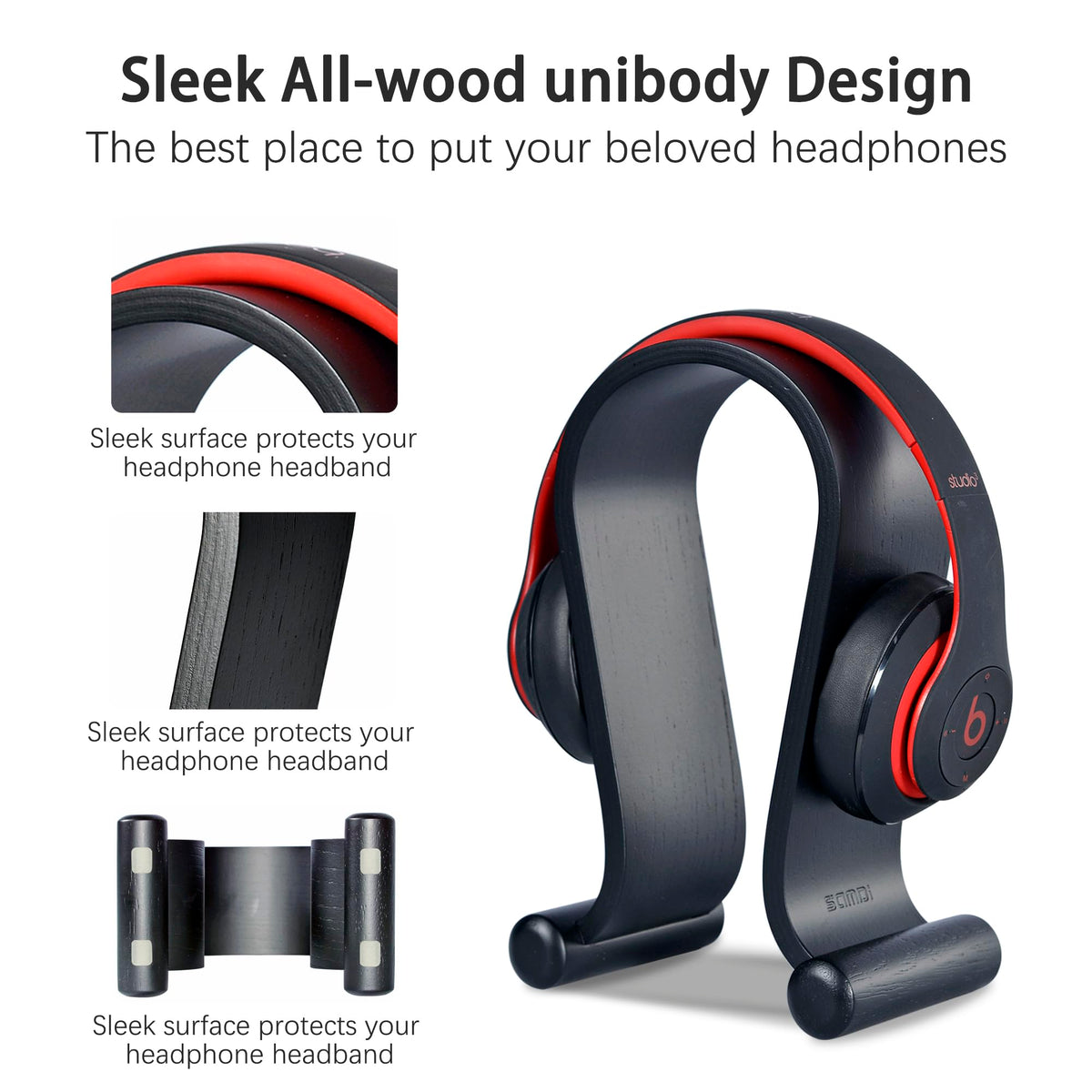 SAMDI oak wood headphone stand, side view highlighting stable base.