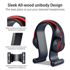 SAMDI oak wood headphone stand, side view highlighting stable base.