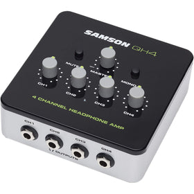 Samson QH4 front panel showing four headphone jacks and volume controls for flexible monitoring