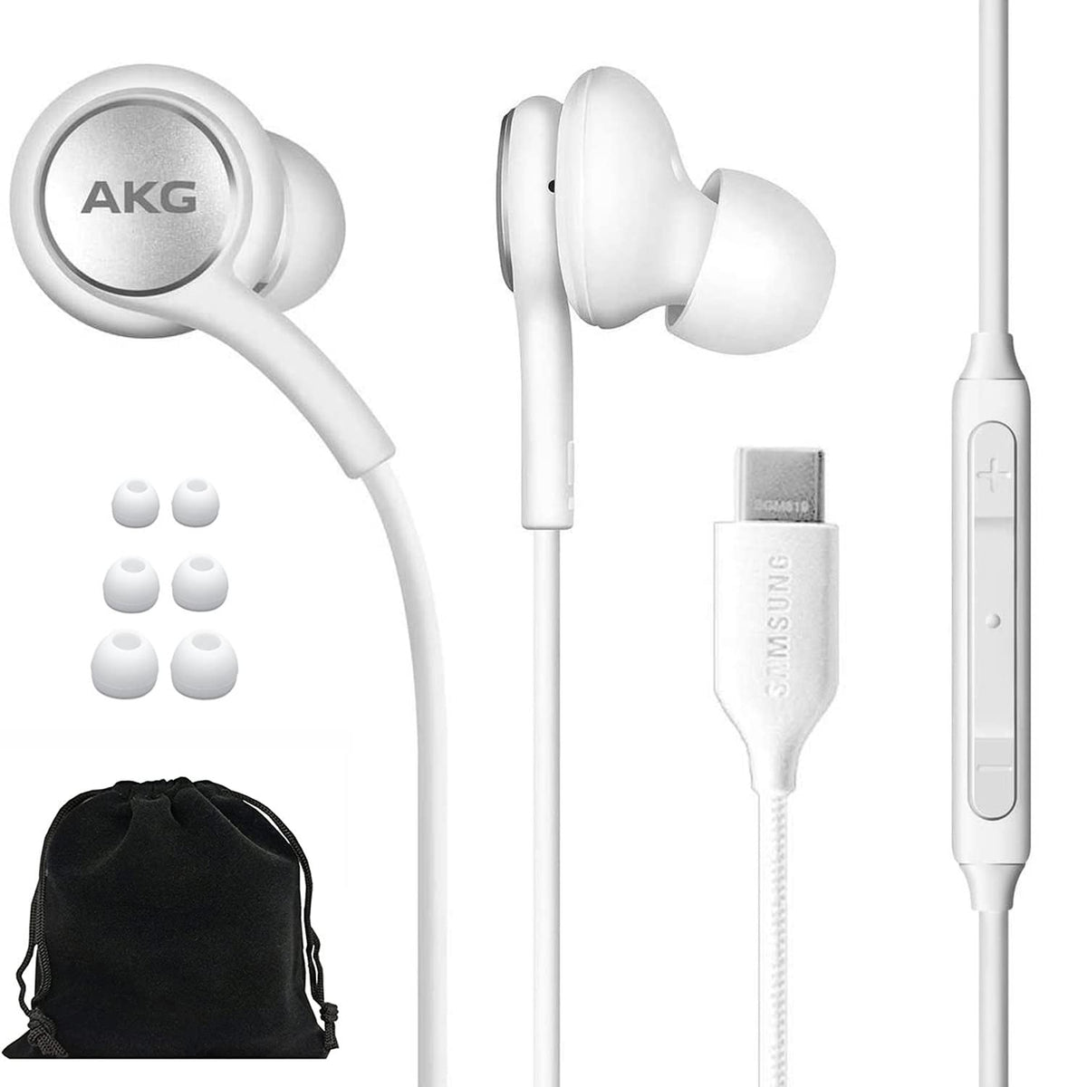 Samsung AKG front view showing earbuds and USB-C plug for clear connectivity