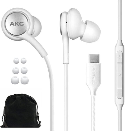 Samsung AKG front view showing earbuds and USB-C plug for clear connectivity