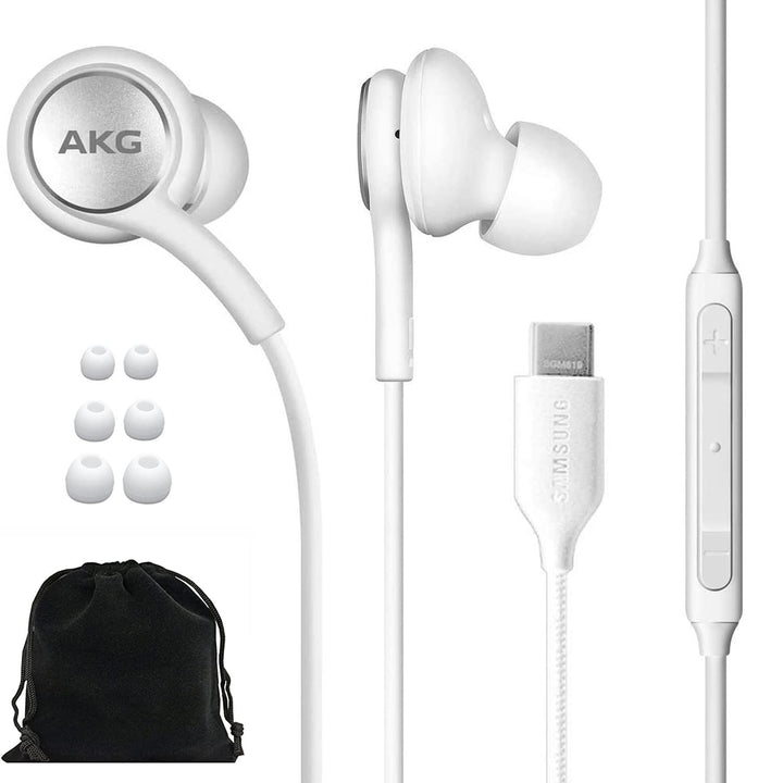 Samsung AKG front view showing earbuds and USB-C plug for clear connectivity