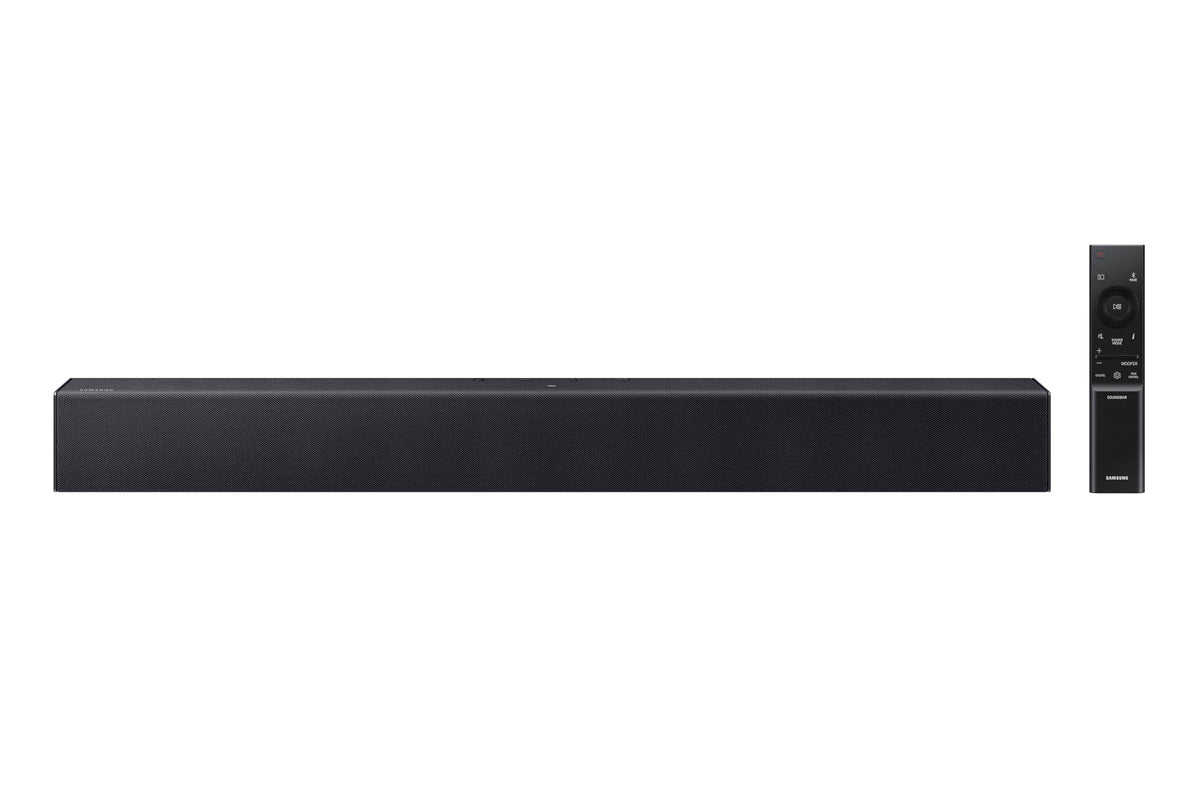 Samsung B-Series HW B400F front view shows sleek design and compact footprint for tidy setups.