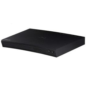 Samsung BD-JM57C front view showcasing compact Blu-ray player design for living room setup