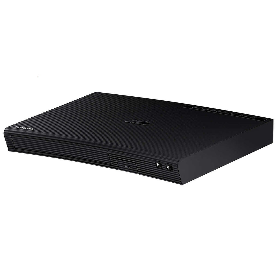 Samsung BD-JM57C front view showcasing compact Blu-ray player design for living room setup