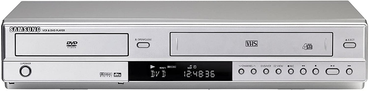 Samsung DVD/VCR combo front view highlighting versatile outputs for home entertainment.