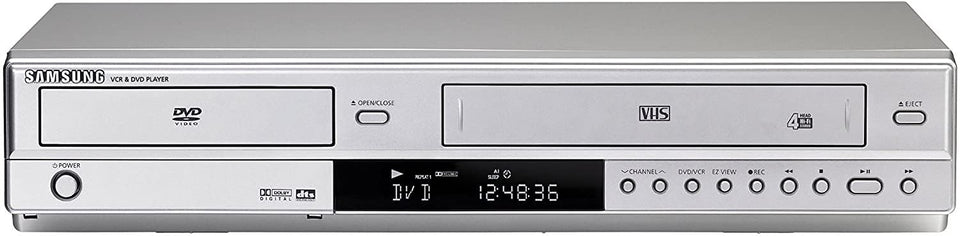 Samsung DVD/VCR combo front view highlighting versatile outputs for home entertainment.