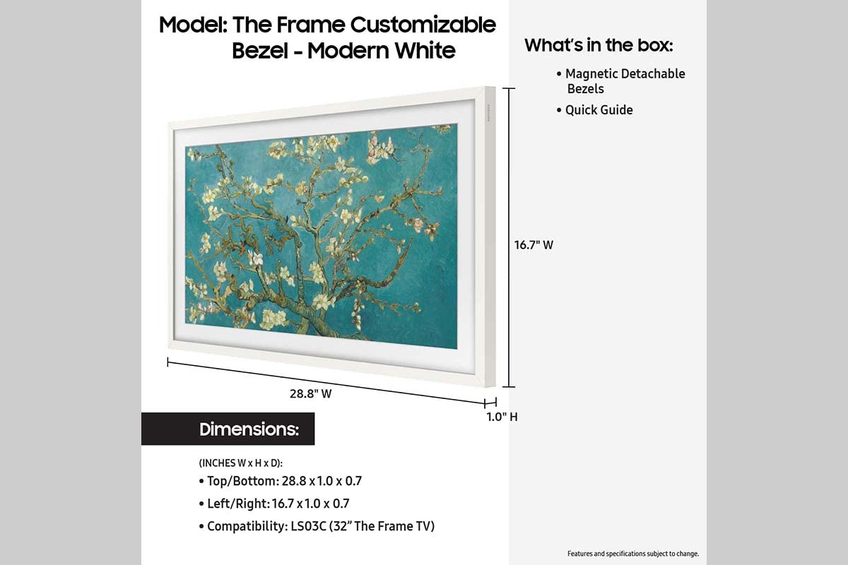 Samsung The Frame bezel in sand gold provides a premium, modern silhouette.