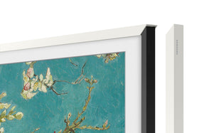 Samsung The Frame bezel in white for a clean, gallery-like TV look.