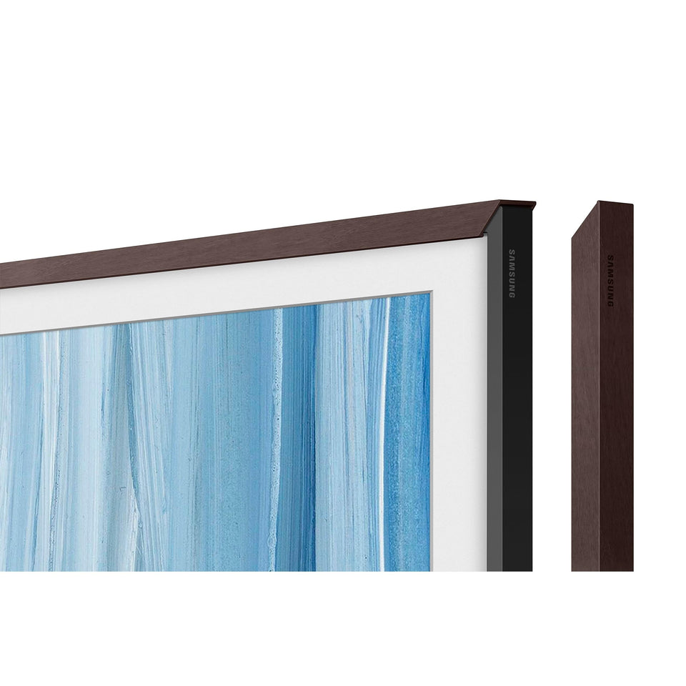 Samsung The Frame Modern Brown bezel enhances living room style with quick magnetic swaps.