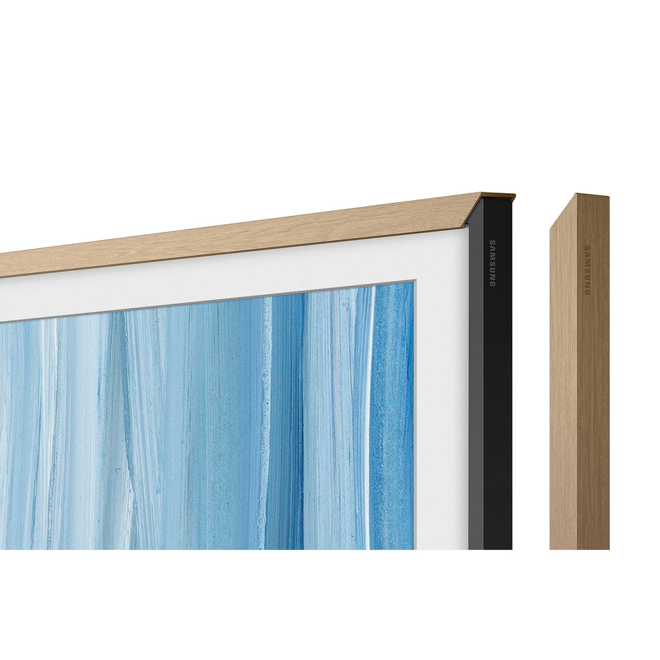 Samsung The Frame bezel Modern Teak enhances warm living room ambiance.