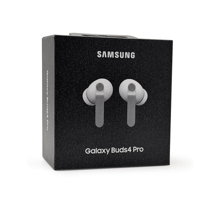 Samsung Galaxy Buds 4 Pro white earbuds with charging case for immersive wireless listening.