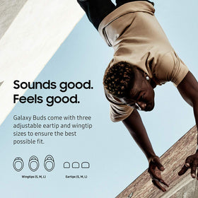 Samsung Galaxy Buds AKG tuning badge and earbud grille, Samsung enhanced sound quality