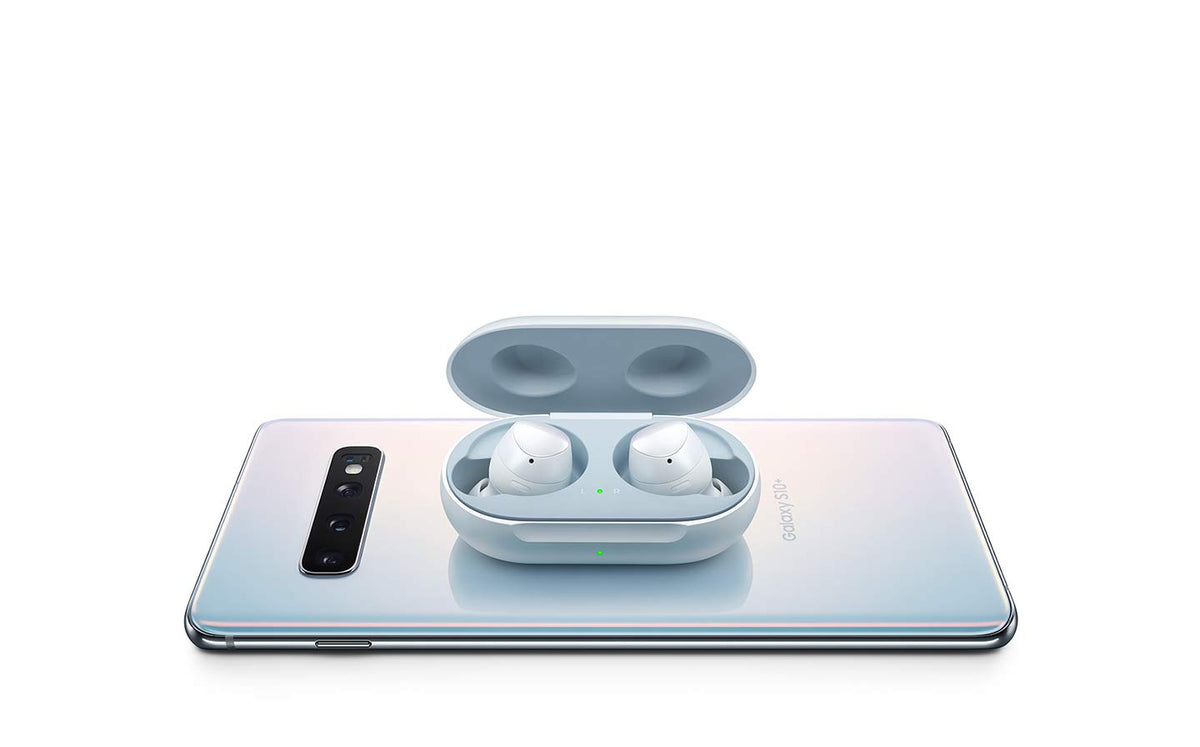Samsung Galaxy Buds charging case open showing earbuds and charging pins, Samsung convenience