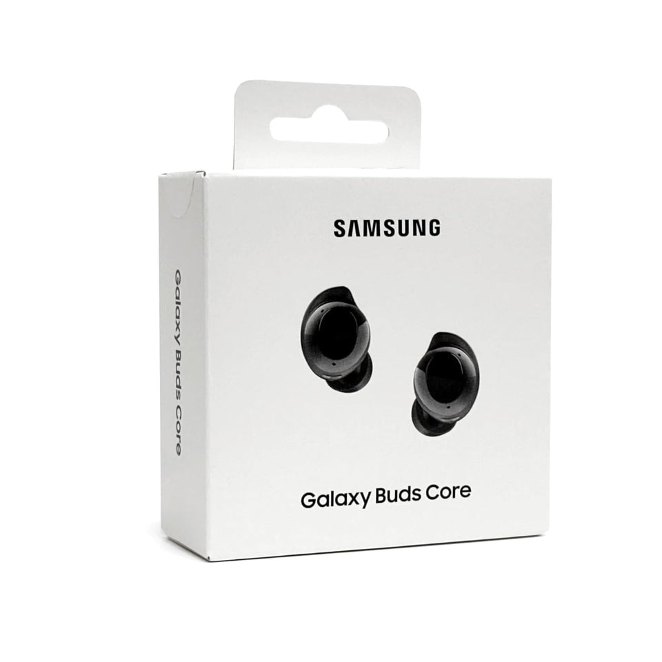 Samsung Galaxy Buds Core front packaging showing model and benefits