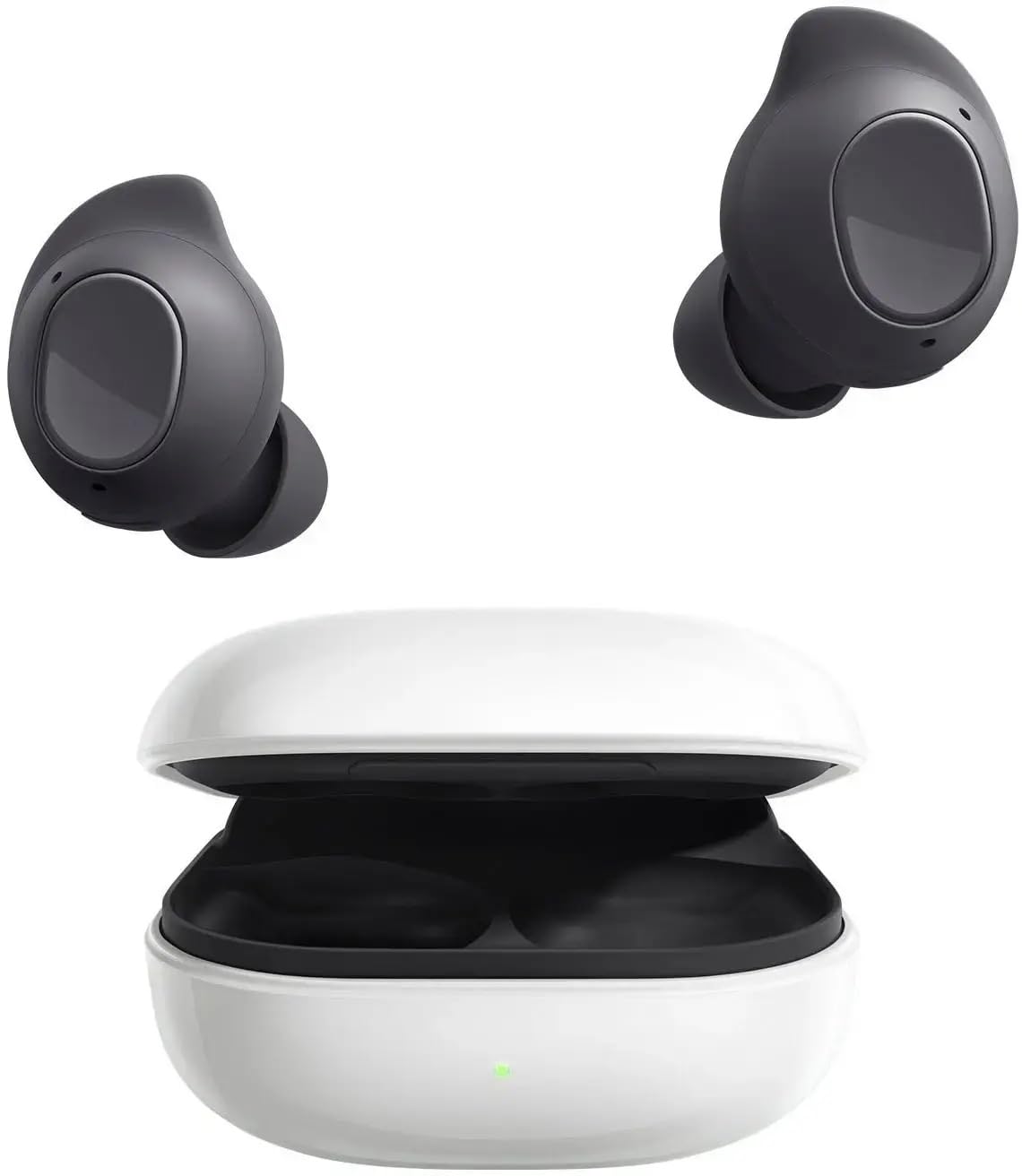 Samsung Galaxy Buds FE front closed case showing compact charging benefit
