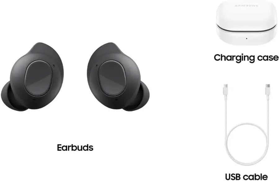 Samsung Galaxy Buds FE Graphite worn during workouts for secure listening.