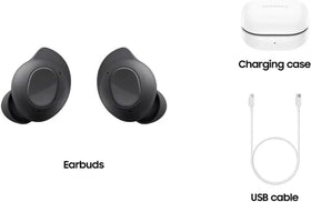 Samsung Galaxy Buds FE Graphite worn during workouts for secure listening.