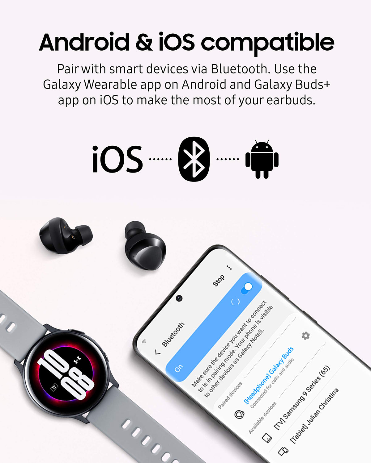 Samsung Galaxy Buds+ work with Android and iOS via apps.
