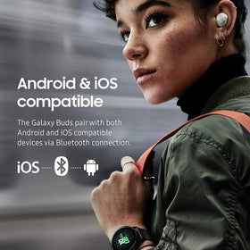 Samsung Galaxy Buds next to smartphone to show scale, Samsung compact portability benefit