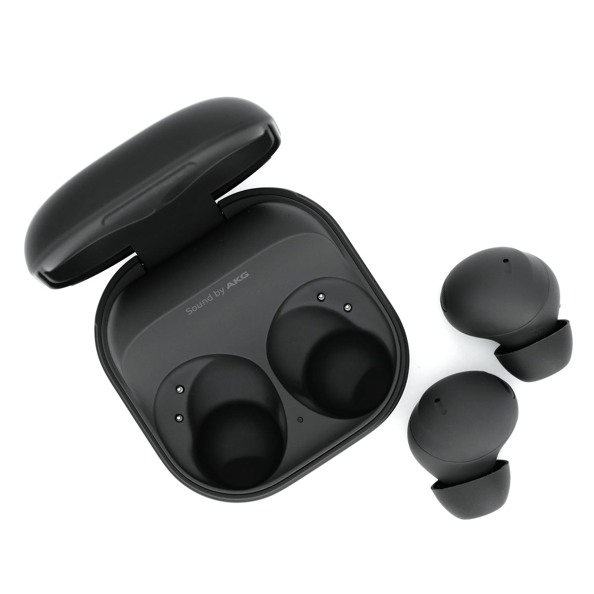 Close-up of Samsung Galaxy Buds2 Pro graphite earbuds highlighting premium design