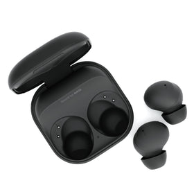 Close-up of Samsung Galaxy Buds2 Pro graphite earbuds highlighting premium design