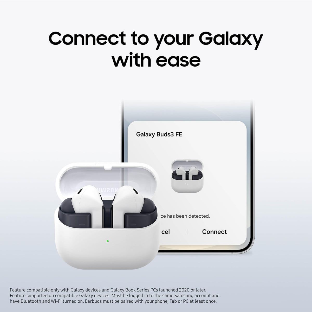 Samsung Galaxy Buds3 FE connected across Galaxy devices for seamless switching