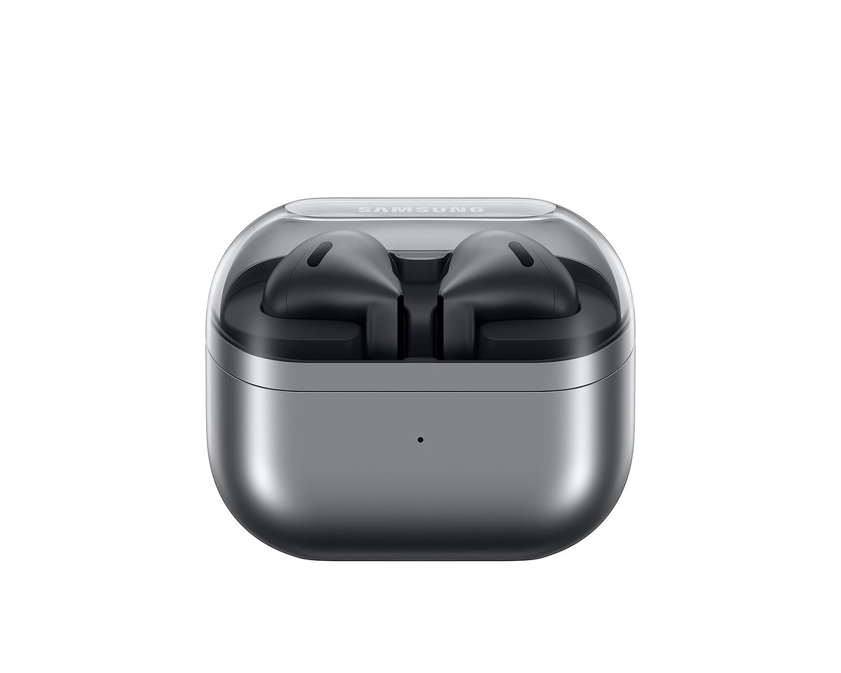 Samsung Galaxy Buds3 vertical charging case with a transparent lid for easy use.