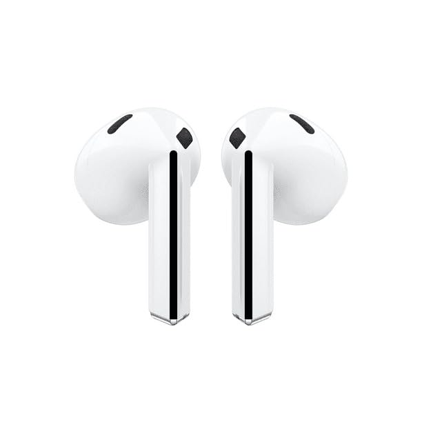 Samsung Galaxy Buds3 white earbuds close-up, showcasing portable design for on-the-go listening.