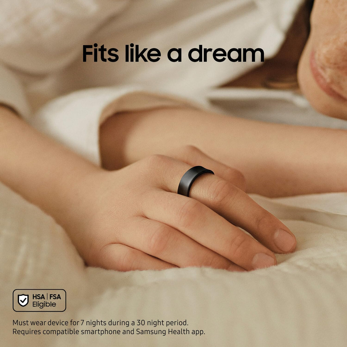 Samsung Galaxy Ring on finger shows a sleek, comfortable wearable for all-day tracking.