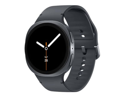Samsung Galaxy Watch 8 Graphite front view, ready for daily notifications and fitness tracking.