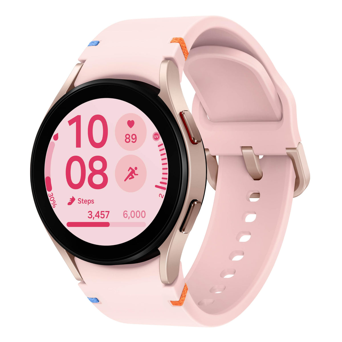 Samsung Galaxy Watch FE display on wrist showing notifications and data