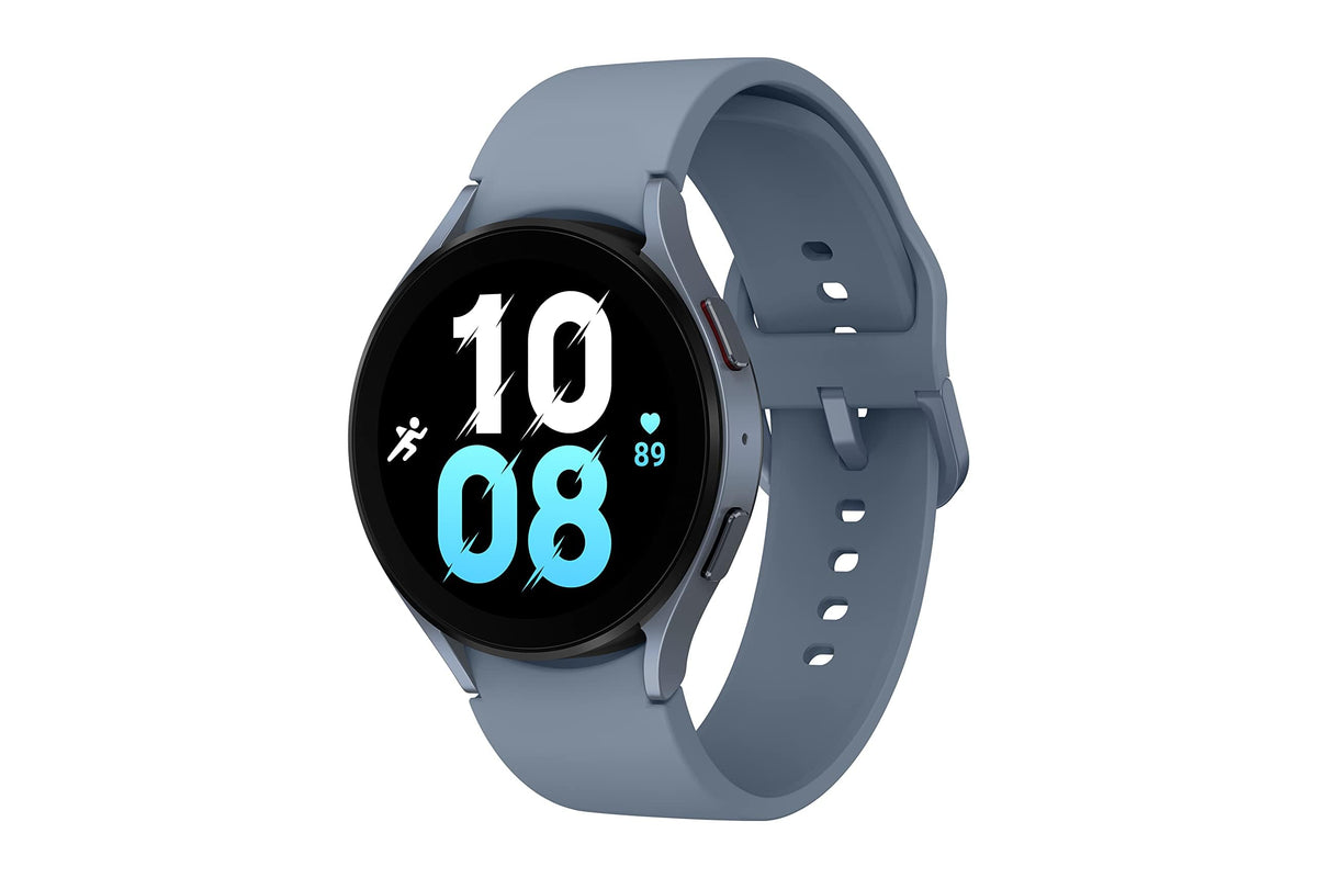 Samsung Galaxy Watch5 Aluminum 44mm blue front view showing LTE connectivity on the go