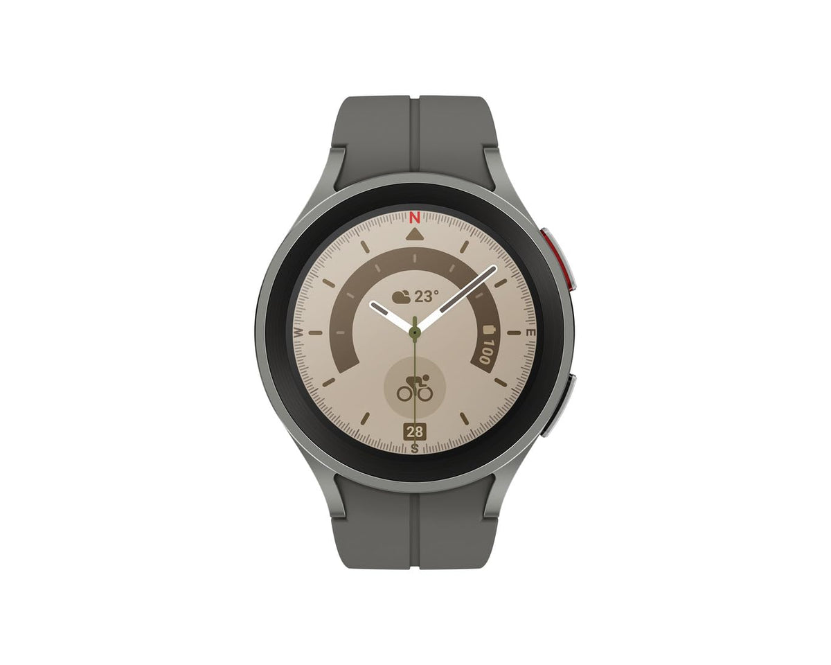 Samsung Galaxy Watch5 Pro titanium case for durable outdoor adventures.