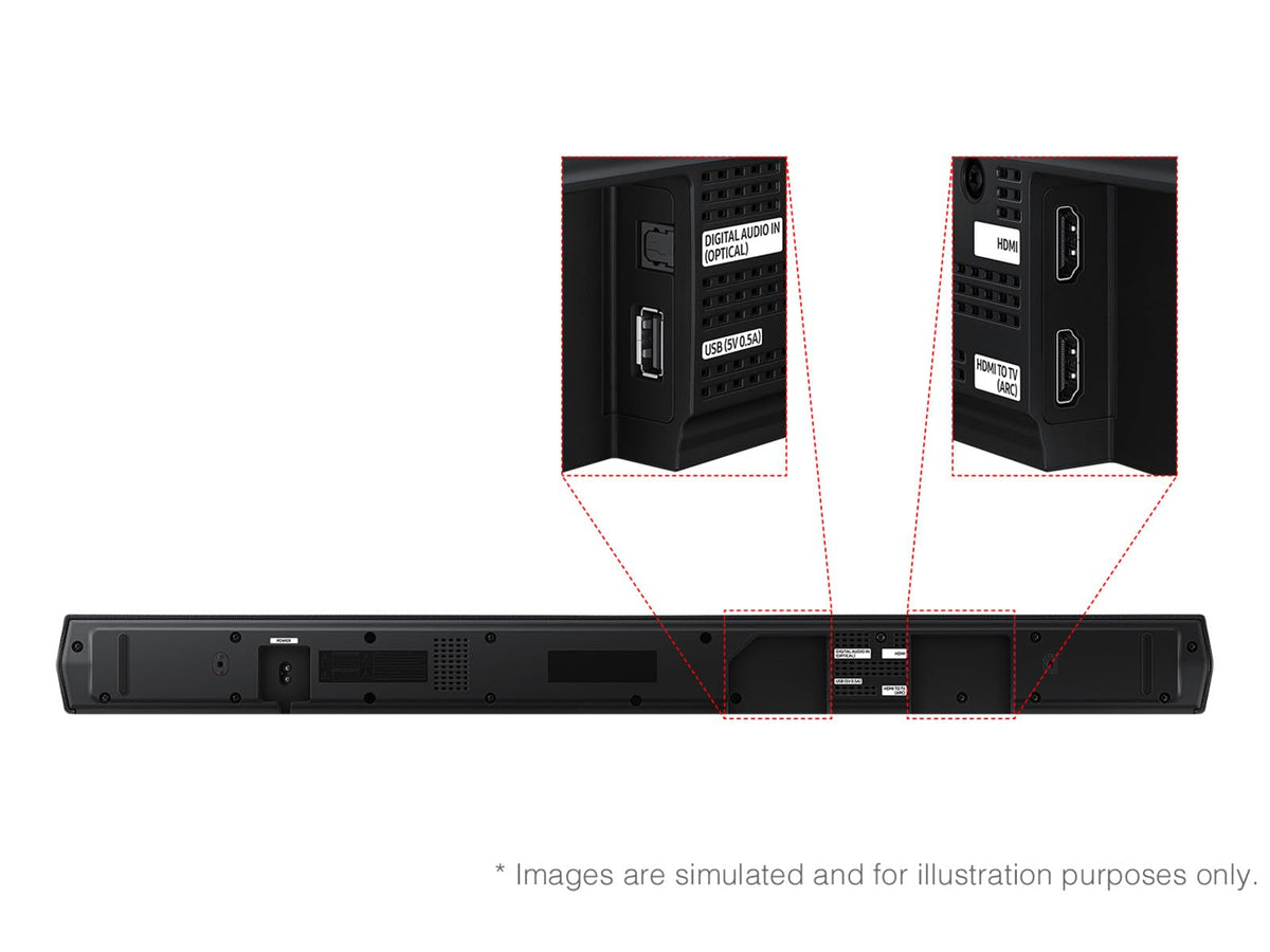 Samsung HW-B630F in-room setup demonstrates shelf placement for optimal sound.