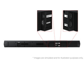 Samsung HW-B630F in-room setup demonstrates shelf placement for optimal sound.