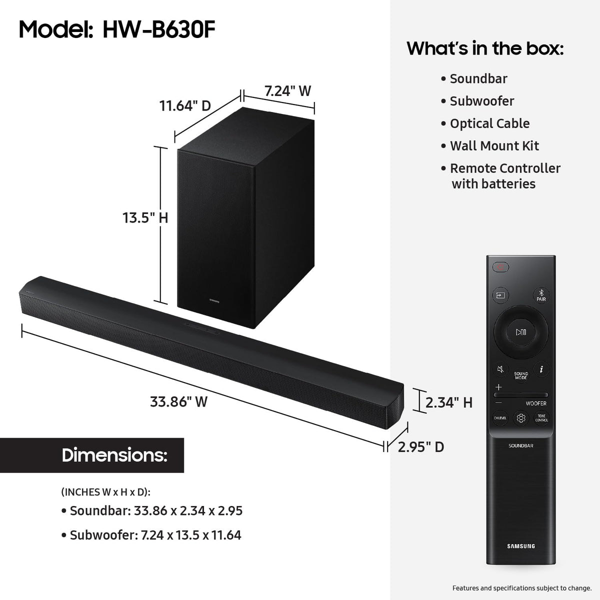 Samsung HW-B630F wireless subwoofer beside the soundbar for richer bass.