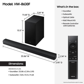 Samsung HW-B630F wireless subwoofer beside the soundbar for richer bass.