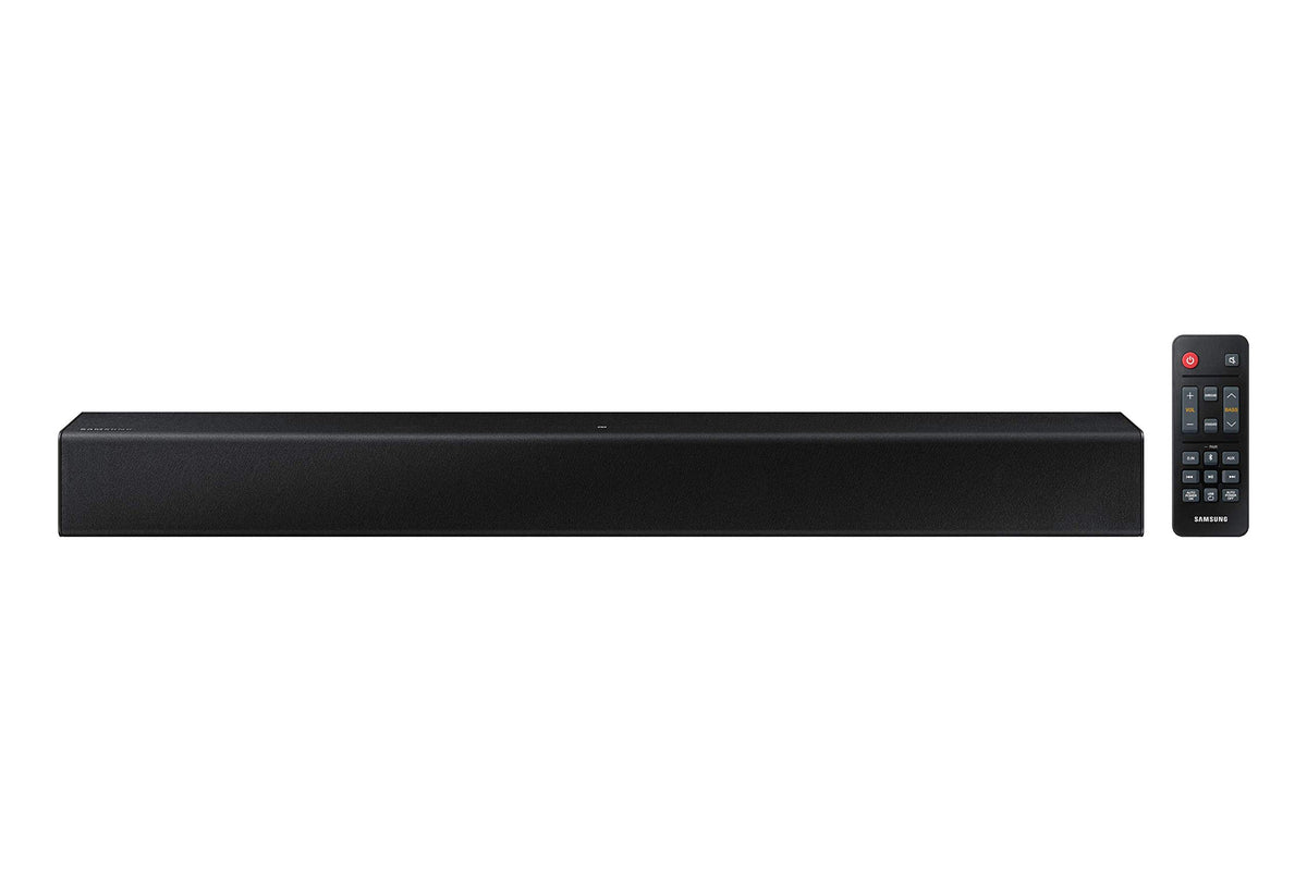 Samsung HW-C400 front view showing slim profile with built-in woofer for rich room sound.