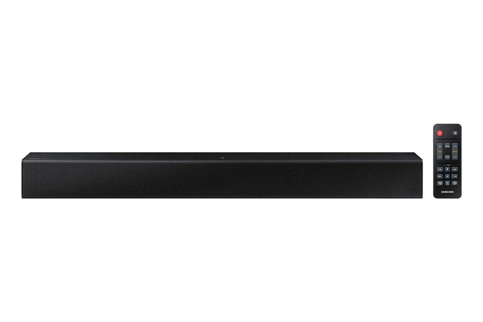 Samsung HW-C400 front view showing slim profile with built-in woofer for rich room sound.