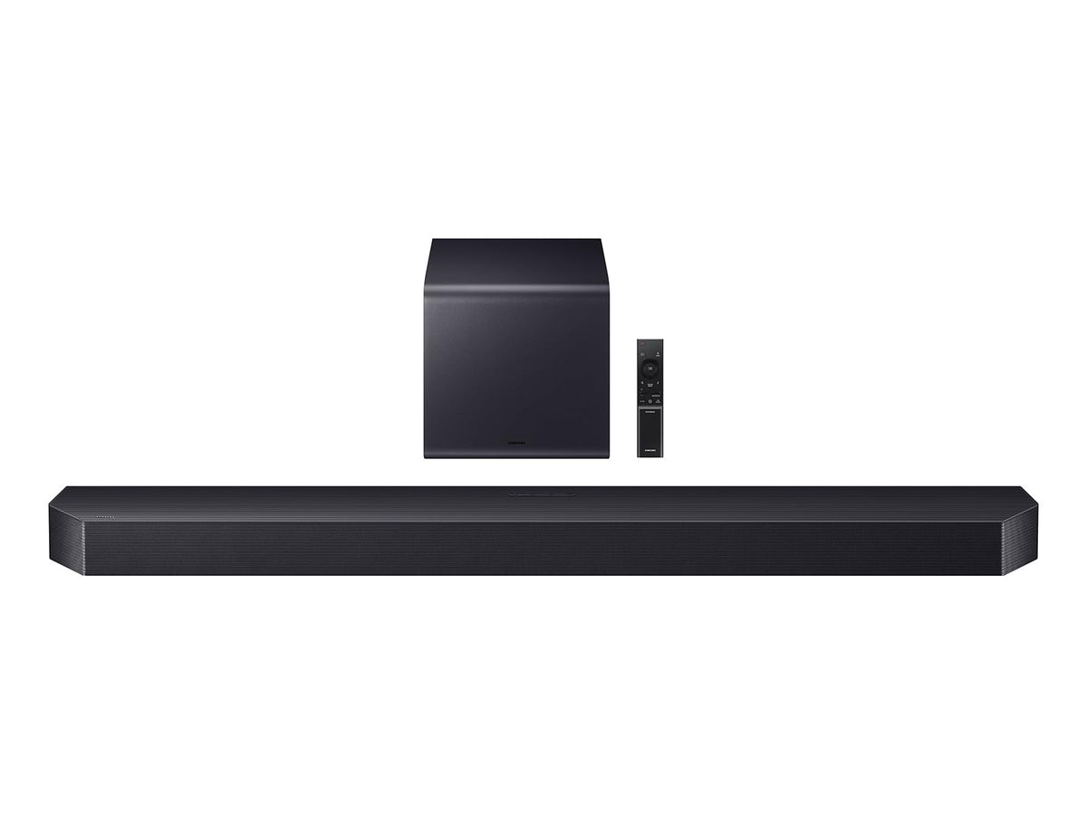 Samsung HW-Q900F soundbar front view delivering immersive 3D sound for living rooms.