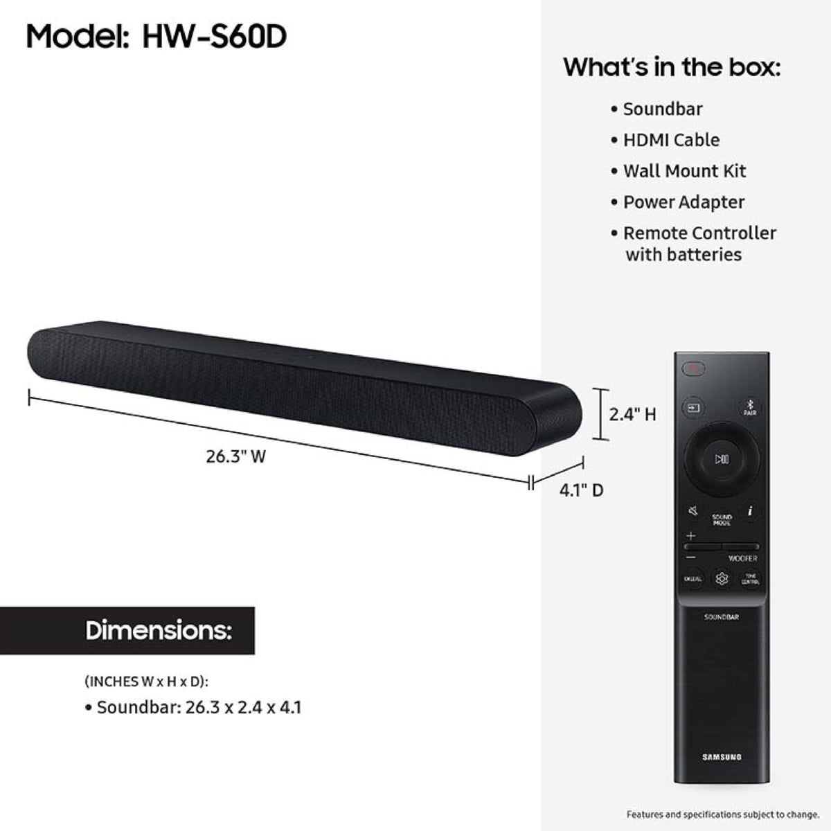 Samsung HW-S60D displays wireless Dolby Atmos for cable-free listening.