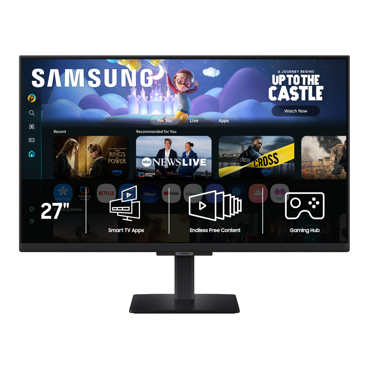 Samsung LS27FM502ENXZA front view showing slim bezel for a clean desk setup.