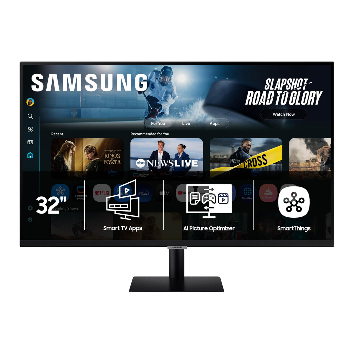 Samsung LS32FM702UNXZA front view reveals immersive 32-inch 4K display for work and entertainment.