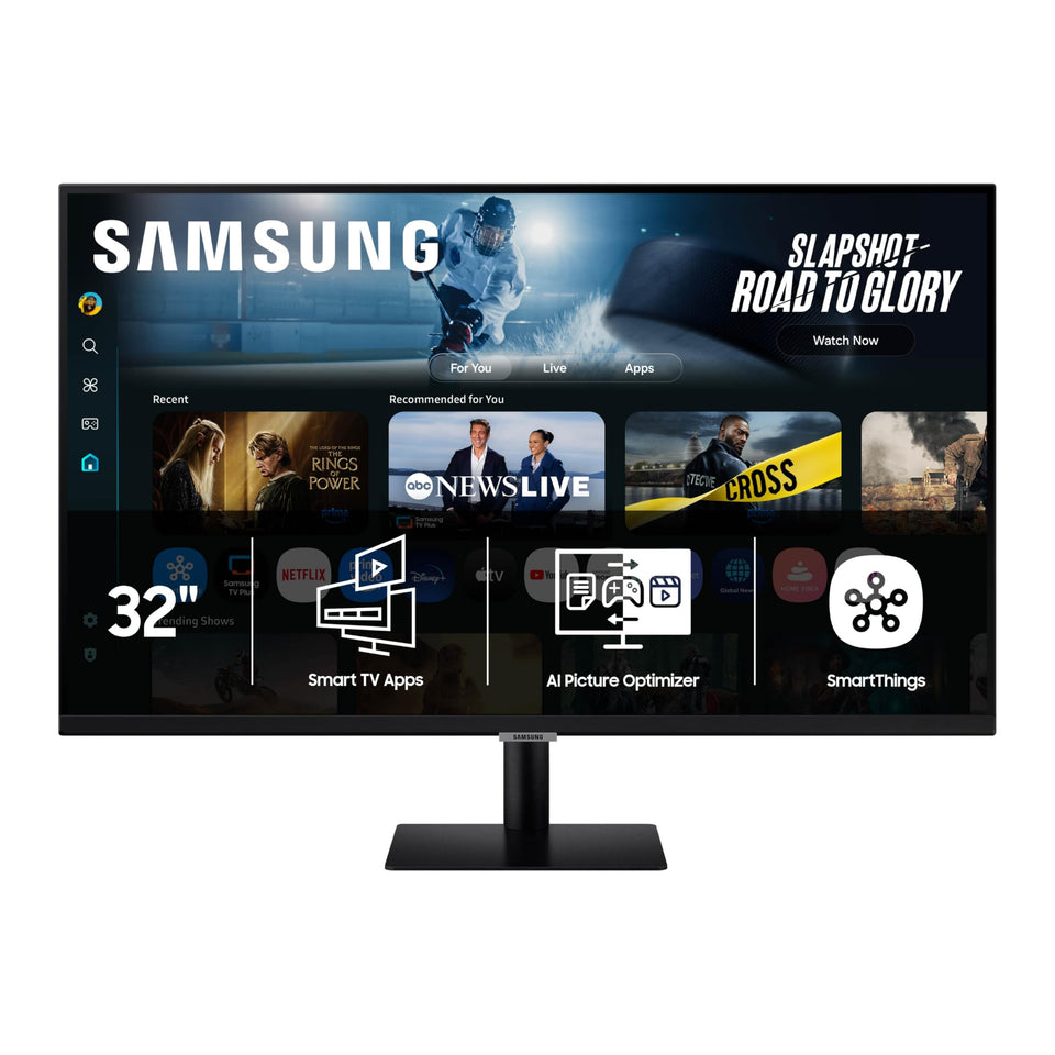 Samsung LS32FM702UNXZA front view reveals immersive 32-inch 4K display for work and entertainment.