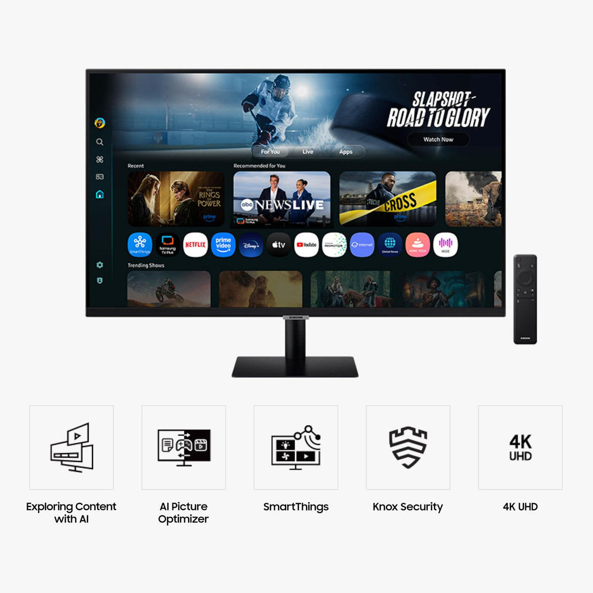 Samsung LS32FM702UNXZA stand-side view shows a slim, space-saving desk footprint.