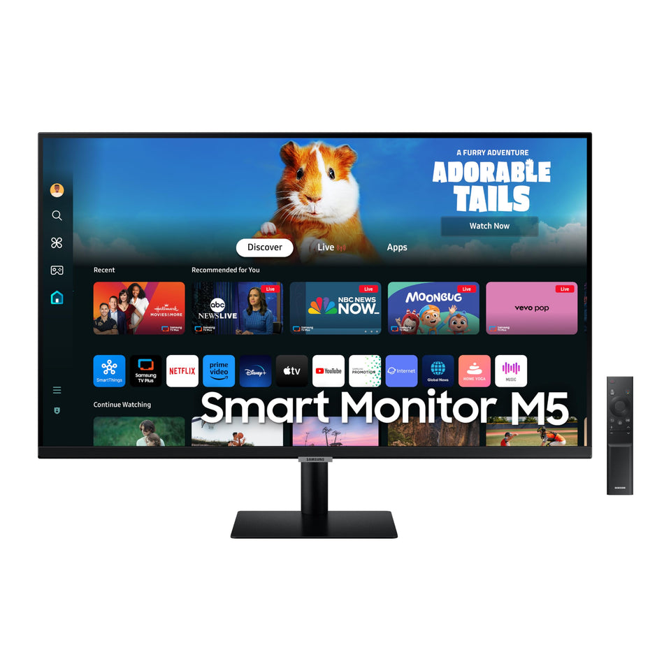 Samsung M5 27-inch monitor front view with streaming TV capability for compact spaces