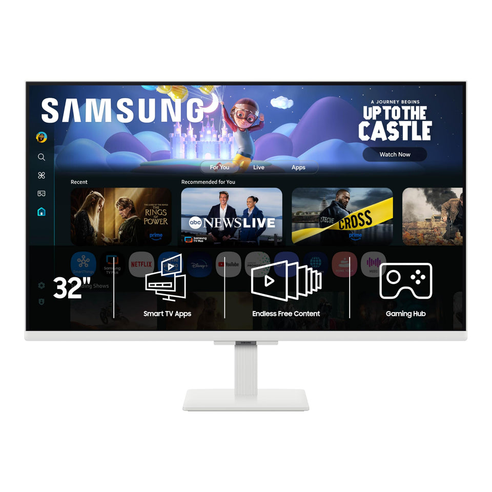 Samsung M50F 32-inch FHD monitor streaming TV interface for instant content access.