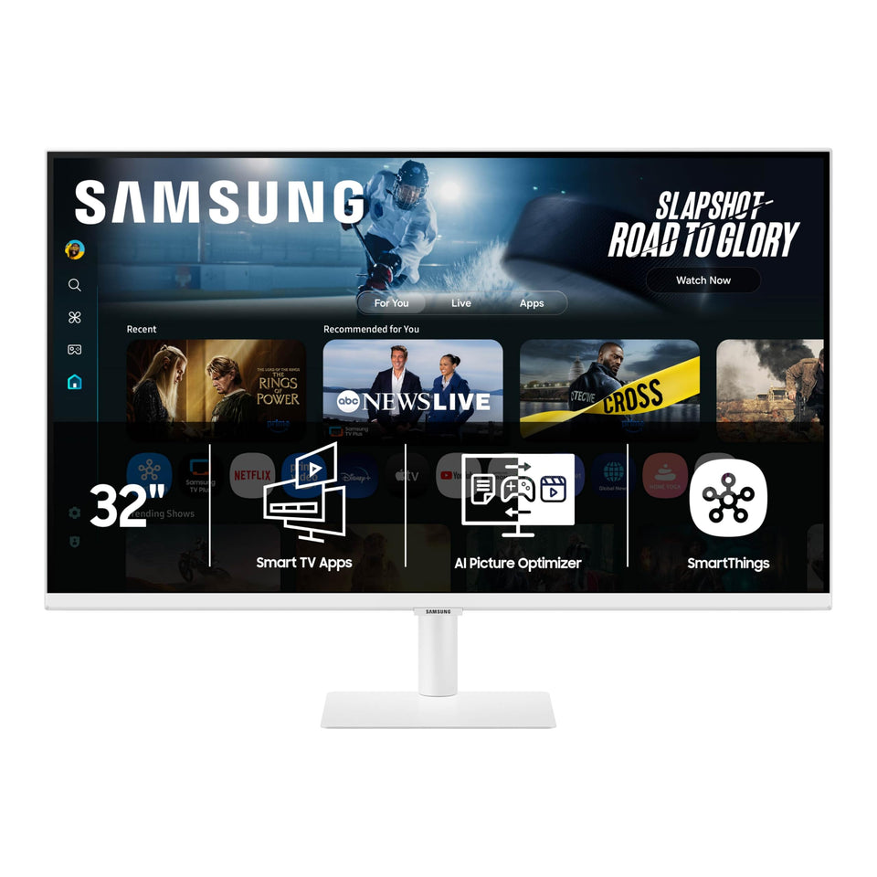 Samsung M70F front view showing slim white frame and 32-inch 4K UHD display for immersive viewing