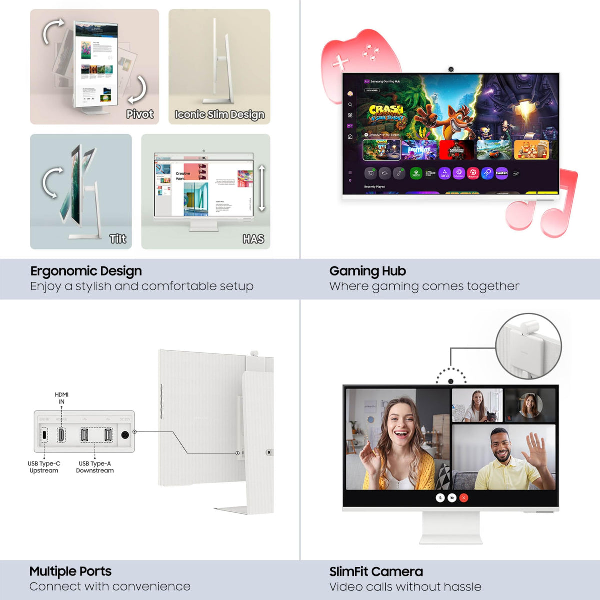 Samsung M8 Ergonomic stand offers adjustable height, tilt, and pivot for comfort.